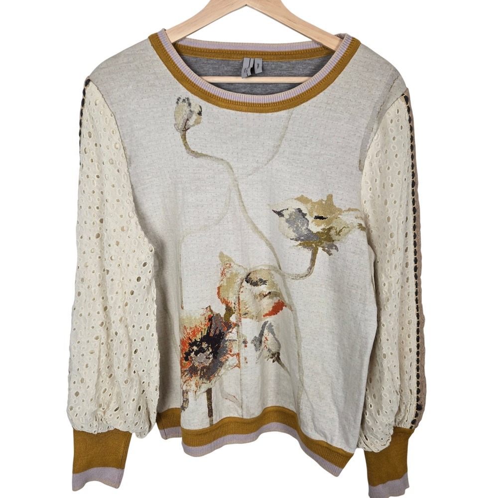 Blank London Top Small Beige Floral Boho Balloon Sleeve Knit Casual Soft Cozy